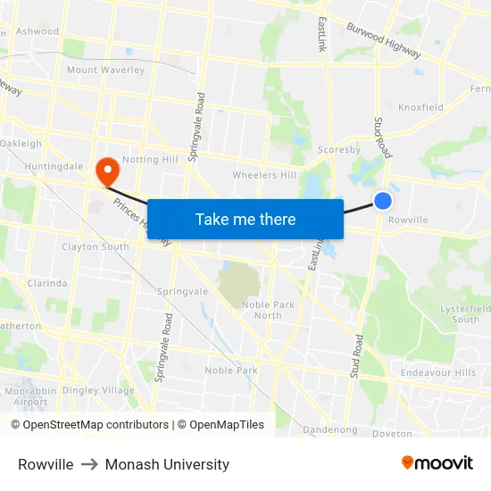 Rowville to Monash University map