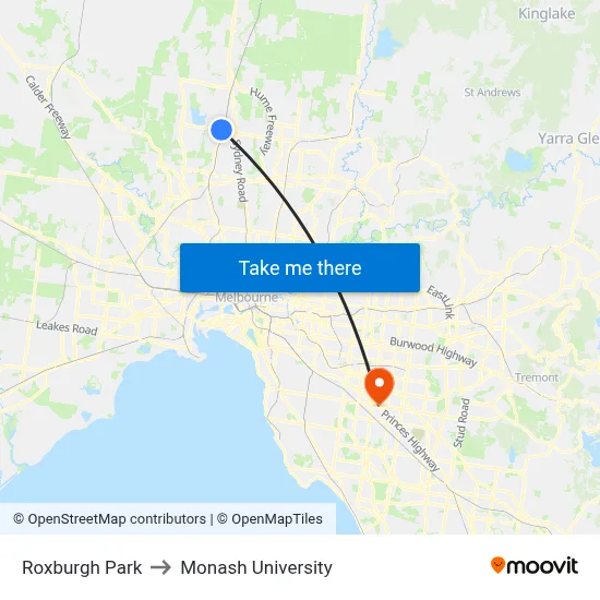 Roxburgh Park to Monash University map