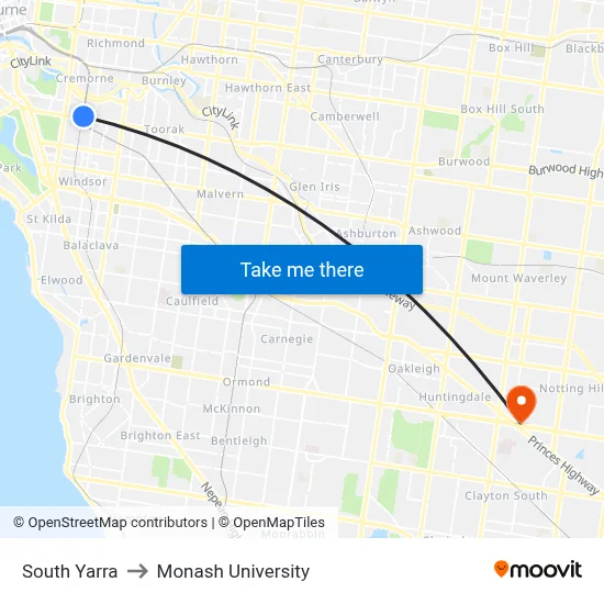 South Yarra to Monash University map