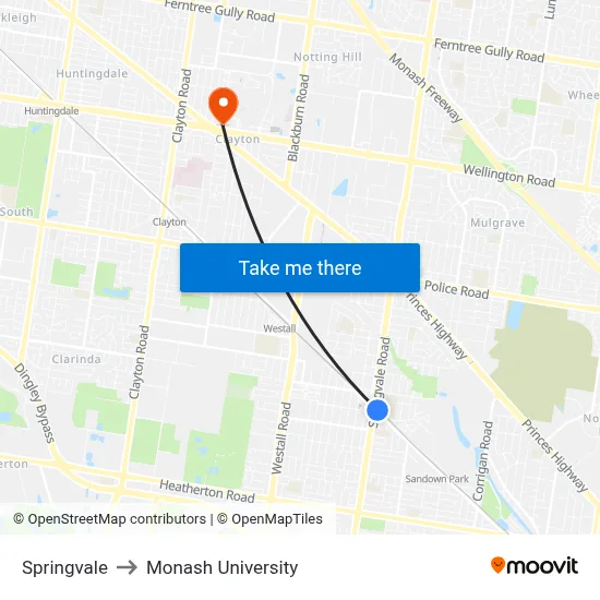 Springvale to Monash University map