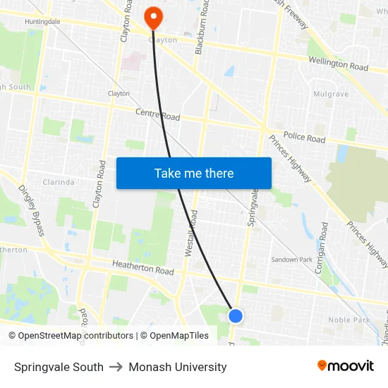 Springvale South to Monash University map