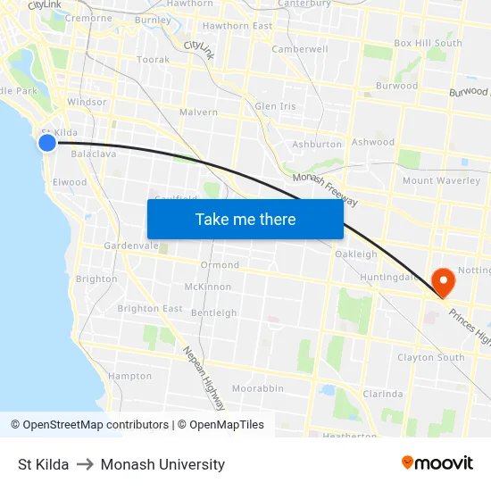 St Kilda to Monash University map