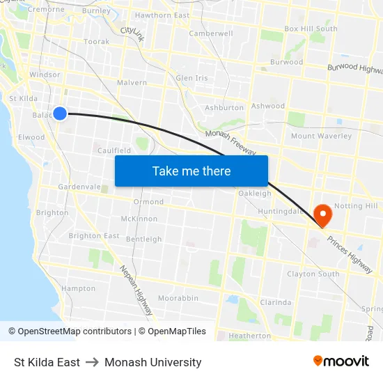 St Kilda East to Monash University map