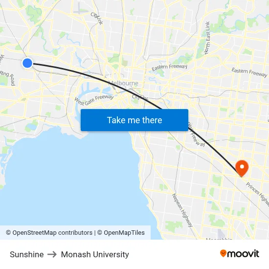 Sunshine to Monash University map