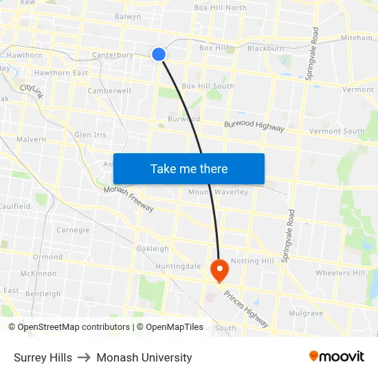 Surrey Hills to Monash University map