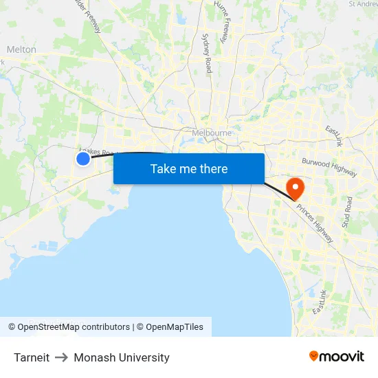 Tarneit to Monash University map