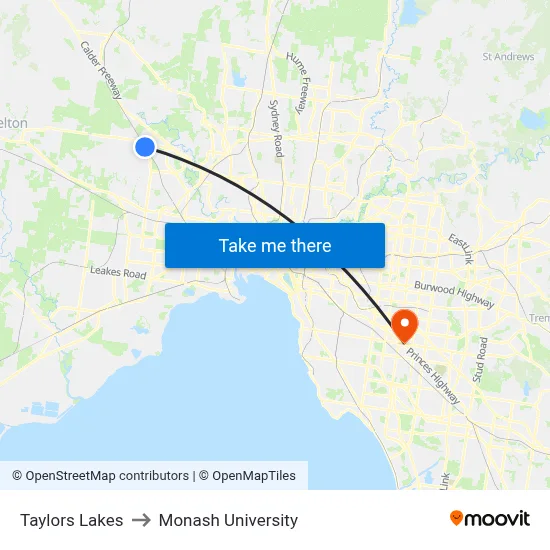 Taylors Lakes to Monash University map