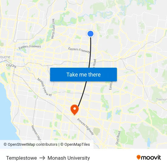 Templestowe to Monash University map