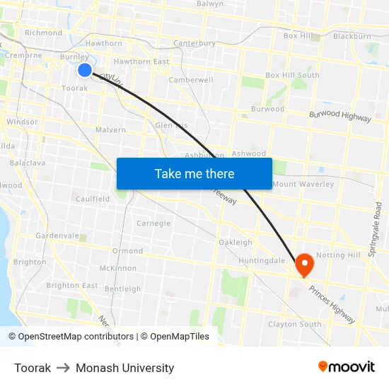 Toorak to Monash University map
