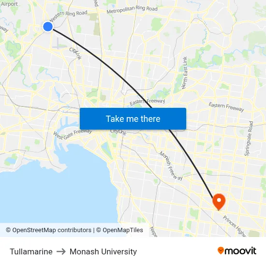 Tullamarine to Monash University map