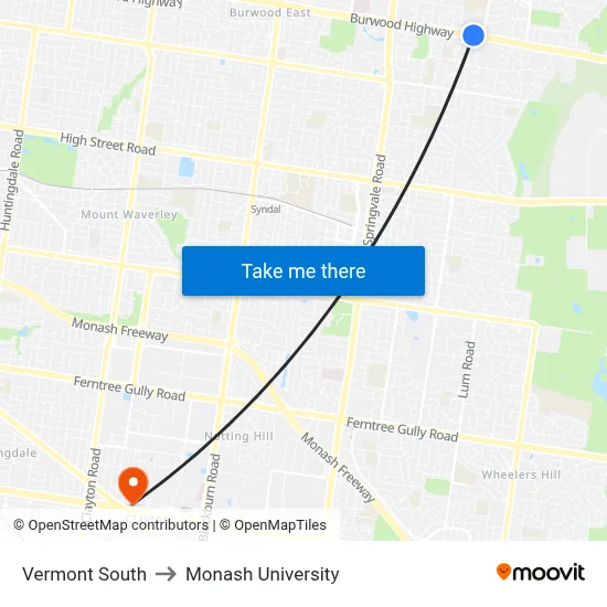 Vermont South to Monash University map
