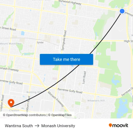 Wantirna South to Monash University map