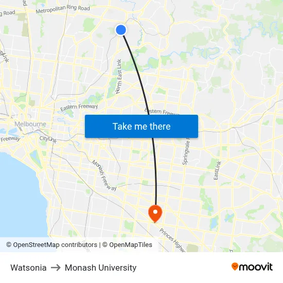 Watsonia to Monash University map