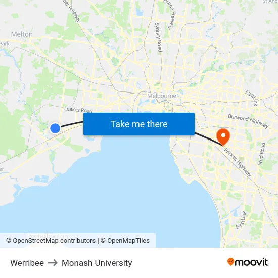 Werribee to Monash University map