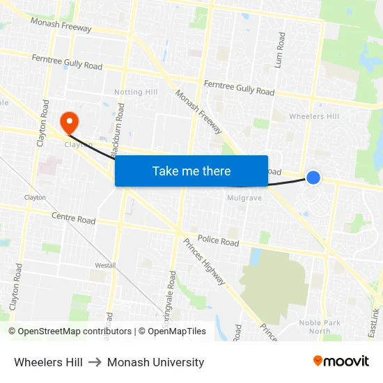 Wheelers Hill to Monash University map