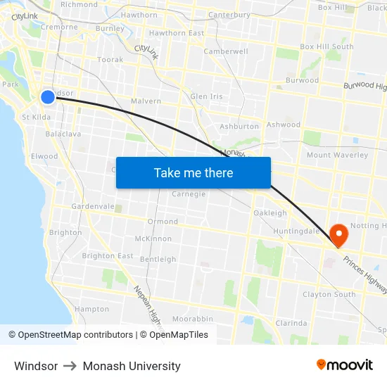 Windsor to Monash University map