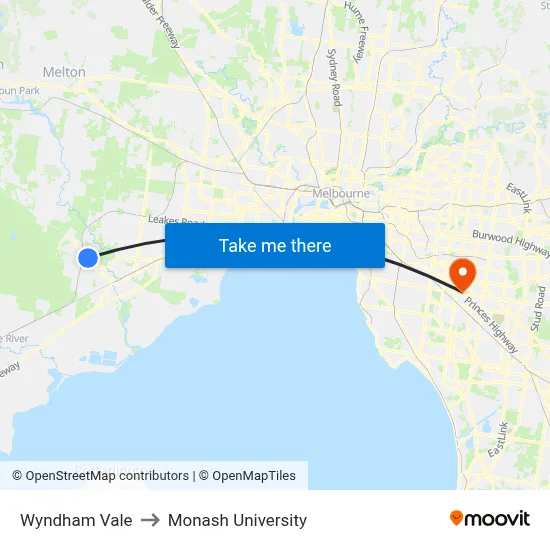 Wyndham Vale to Monash University map