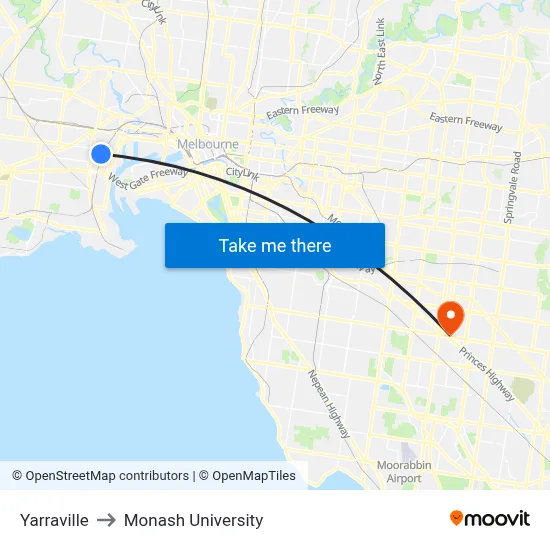 Yarraville to Monash University map