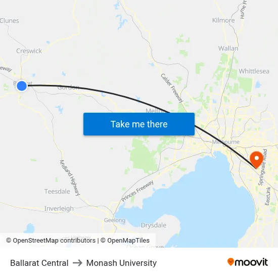 Ballarat Central to Monash University map