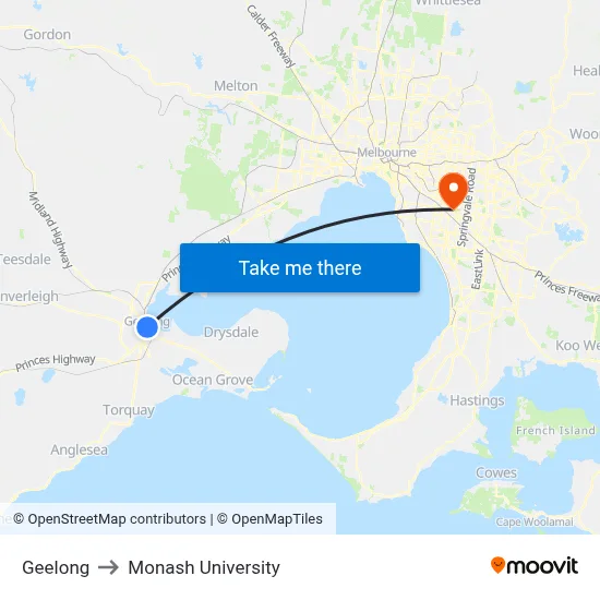 Geelong to Monash University map