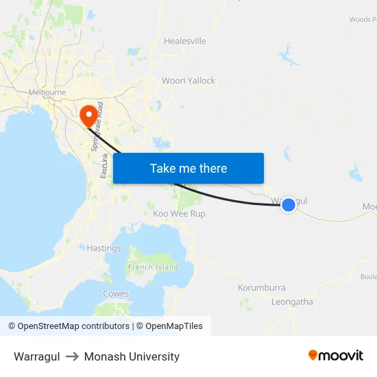 Warragul to Monash University map