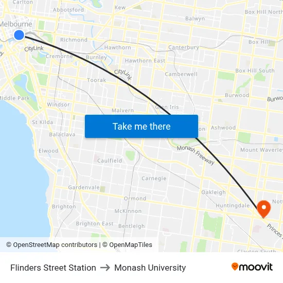 Flinders Street Station to Monash University map