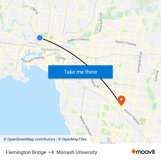 Flemington Bridge to Monash University map