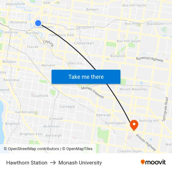 Hawthorn Station to Monash University map