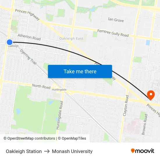 Oakleigh Station to Monash University map