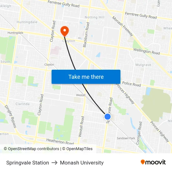 Springvale Station to Monash University map