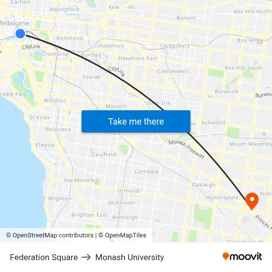Federation Square to Monash University map