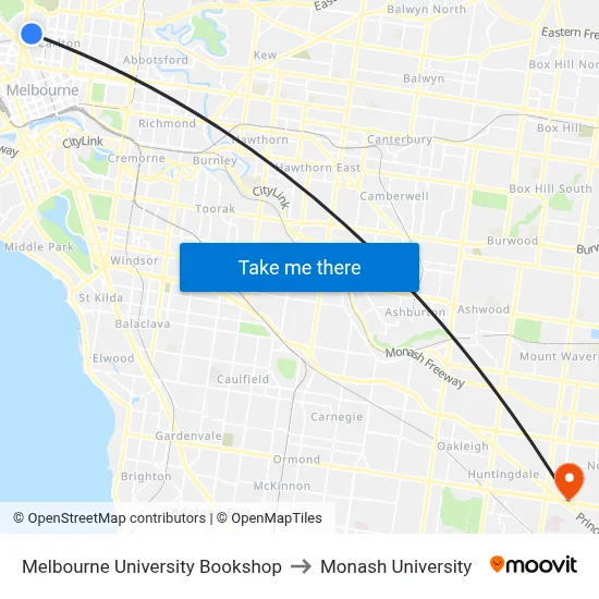 Melbourne University Bookshop to Monash University map