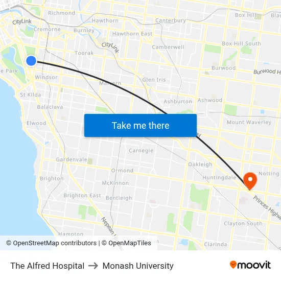 The Alfred Hospital to Monash University map