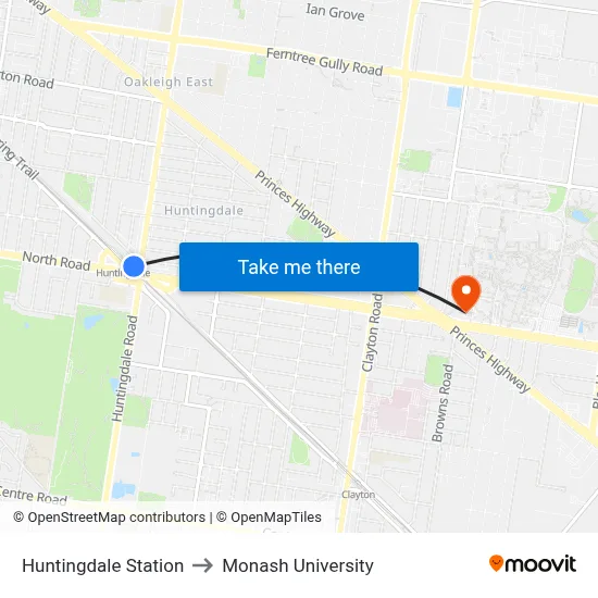 Huntingdale Station to Monash University map