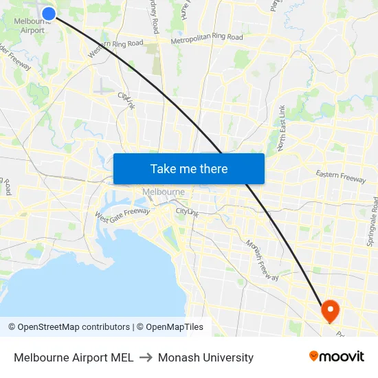 Melbourne Airport MEL to Monash University map