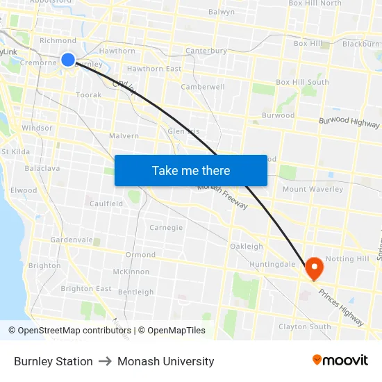 Burnley Station to Monash University map