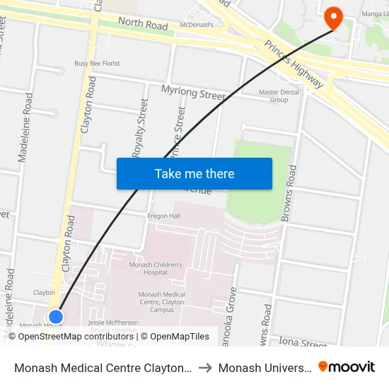 Monash Medical Centre Clayton Rd to Monash University map
