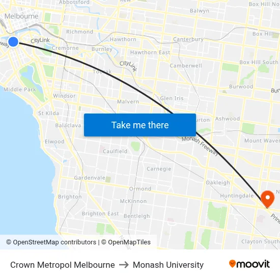 Crown Metropol Melbourne to Monash University map