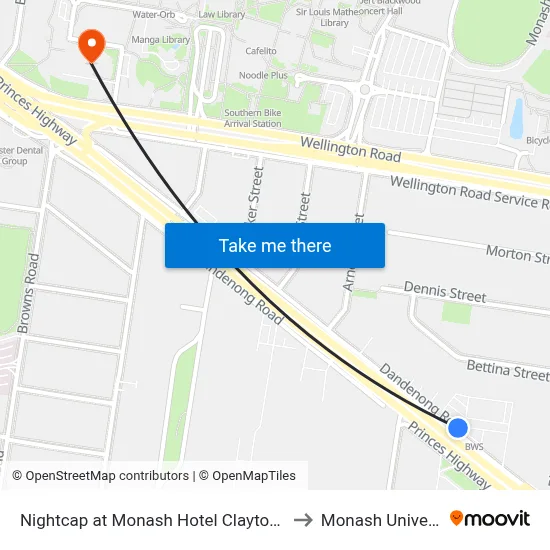 Nightcap at Monash Hotel Clayton North to Monash University map