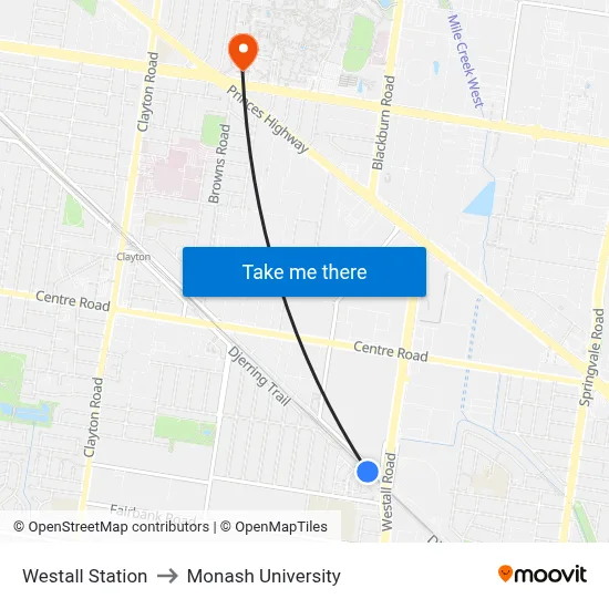 Westall Station to Monash University map
