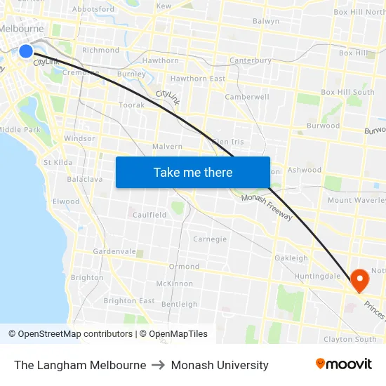 The Langham Melbourne to Monash University map
