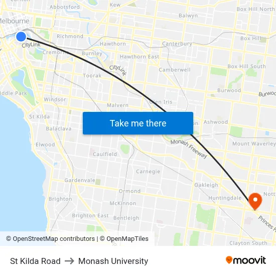 St Kilda Road to Monash University map