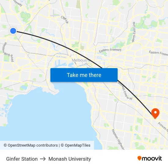 Ginfer Station to Monash University map
