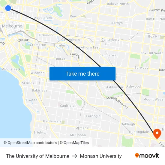 The University of Melbourne to Monash University map