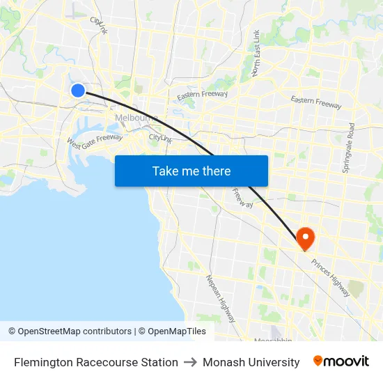 Flemington Racecourse Station to Monash University map