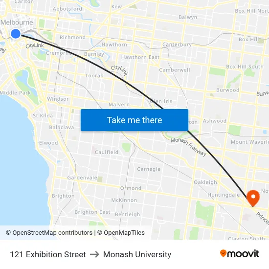121 Exhibition Street to Monash University map