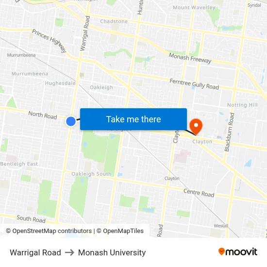 Warrigal Road to Monash University map