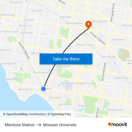 Mentone Station to Monash University map