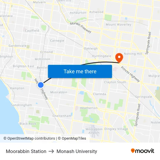 Moorabbin Station to Monash University map