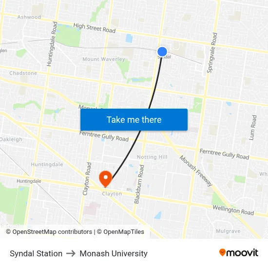 Syndal Station to Monash University map